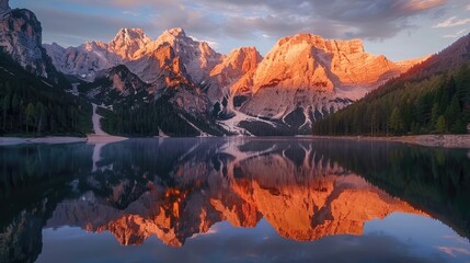 Aerial view of mountains reflected in lake Dobbiaco at sunset - Generative AI
