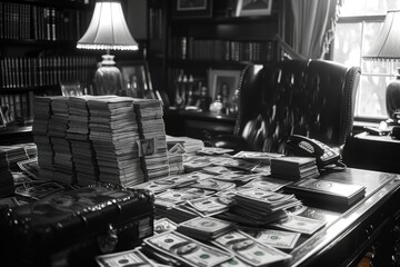 Stacks of dollar bills dominate the scene on a grandiose desk adorned with classic decor in a rich monochrome tone