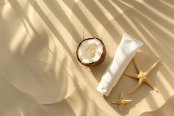 A tube of white cream lies on the beige surface, next to it is an open coconut with two half coconuts and starfish lying nearby. beauty products in an elegant setting.
