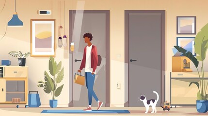 A young man walks through the door carrying a grocery bag. He is wearing a red sweater and blue jeans. The cat is sitting on the floor watching him.