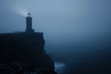 A haunted lighthouse standing sentinel on a desolate cliff, its beacon casting a ghostly glow across the sea