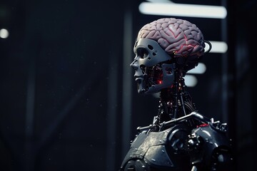 A dark background with Human Anime Style 3D Robot gives human brain to humans