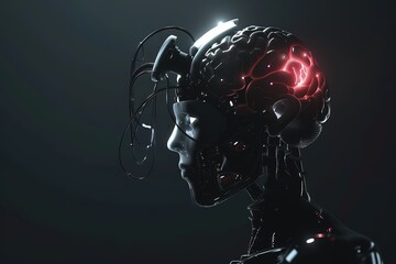 A dark background with Human Anime Style 3D Robot gives human brain to humans