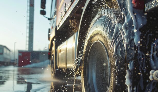 Close-up of truck tire being washed with high-pressure water