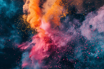 A vibrant eruption of colorful powder against a dark backdrop 