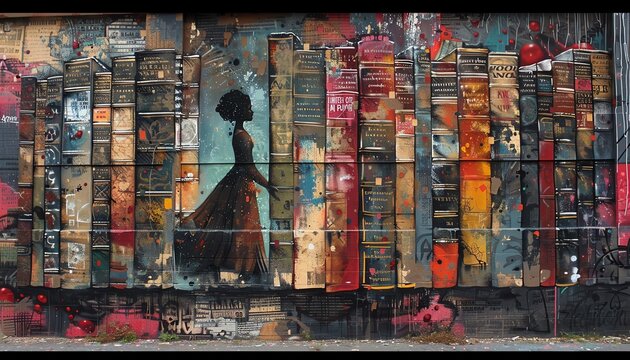 A mural of a woman walking through a library. The books are painted on the wall and the woman is painted in black and white.