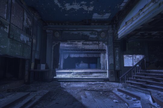 A mysterious abandoned theater, its stage bathed in an otherworldly glow as phantom performers dance