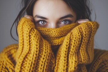 A girl in a sweater pulls it over her face and the sleeves only her eyes are visible, a concept of warm clothes and coziness