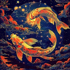 a drawing of two carp fish swimming together forming the pisces horoscope symbol in a bedroom at night, psychedelic style, Generate AI