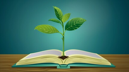 illustration of a sapling grows from an open book with copy space
