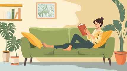 illustration of a young woman laying on the sofa in the living room and reading a book with copy space