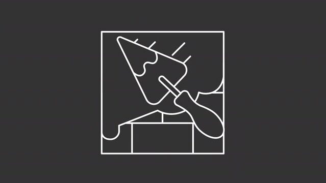 Animated wall putty white icon. Putty knife applying spackle over bricks line animation. Wall finishing. Isolated illustration on dark background. Transition alpha video. Motion graphic