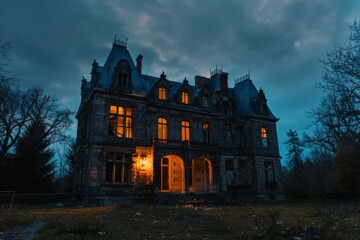 Obraz premium An abandoned mansion at dusk, its crumbling facade illuminated by the eerie glow of twilight