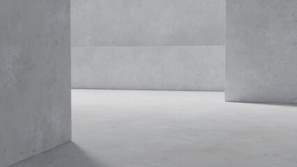 Clean lines and angles of concrete walls forming an architecturally minimalist corner. 3d render