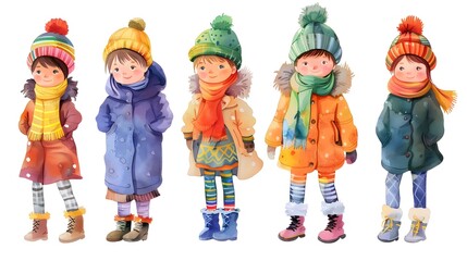 Group of Cheerful Children Bundled Up in Colorful Winter Outfits Enjoying the Snow