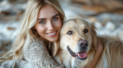 Smiling young woman hugging her dog on the beach