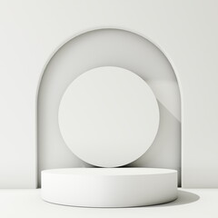 Simple white circular podium stands in front of an arched backdrop, bathed in soft light. 3d render
