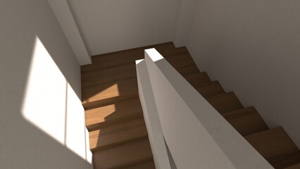 Sunlight filters through a window, casting geometric shadows on a wooden staircase. 3d render