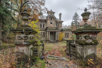 Fototapeta premium A forgotten manor house, its once-grand architecture now a haunting reminder of days gone by