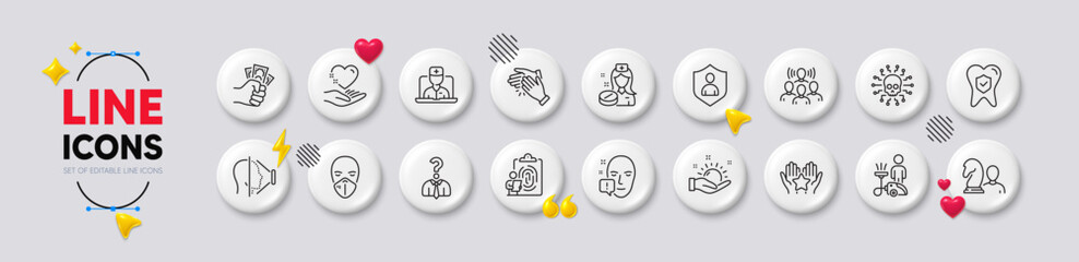 Chess, Ranking and Sunny weather line icons. White buttons 3d icons. Pack of Nurse, Cyber attack, Hold heart icon. Hiring employees, Clapping hands, Fingerprint pictogram. Vector