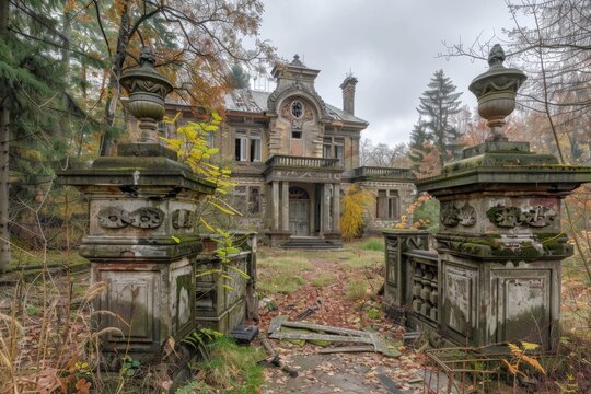 A forgotten manor house, its once-grand architecture now a haunting reminder of days gone by