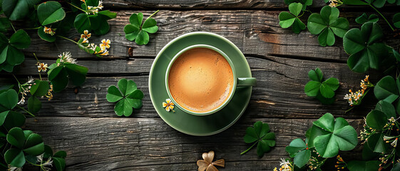 A photograph depicting a coffee cup surrounded by symbols of luc