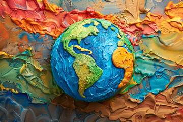 A vibrant, chunky clay-style illustration depicting planet Earth with a textured, handcrafted look, featuring bright, playful colors that appeal to a child-friendly aesthetic 