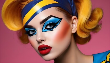 Design a pop art girl with exaggerated makeup rem