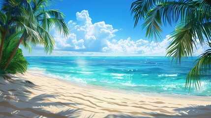 Tropical paradise with palm trees swaying on a white sand beach beside a turquoise ocean