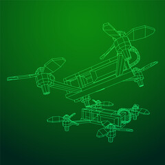 FPV Drone Racing freestyle sport flight. Hobby toys. Wireframe low poly mesh vector illustration.