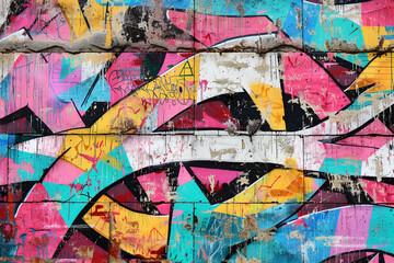 Fototapeta premium A vibrant, seamless pattern of colorful graffiti art layered on a weathered concrete wall, showcasing urban street art 