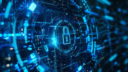 Fototapeta premium A digital padlock symbolizes secure data within a complex network of blue and glowing circuits.