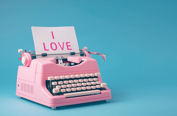 Vibrant pink typewriter displaying a romantic message ‘I LOVE’, set against a pastel blue background, encapsulating vintage charm and affection - AI generated