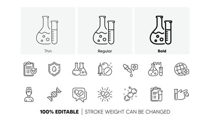 Drug testing, scientific discovery and disease prevention icons. Medical healthcare, doctor line icons. Chemical formula, chemistry testing lab. Linear set. Line icons set. Vector