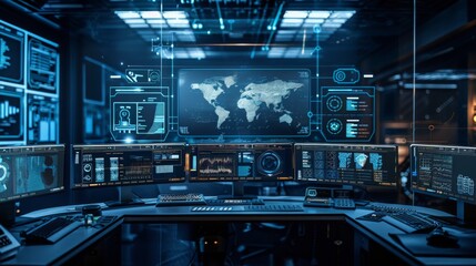 A high-tech command center with multiple screens displaying global data and analytics.