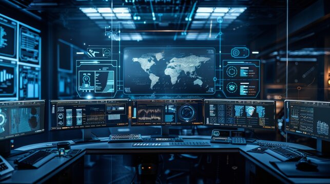 A high-tech command center with multiple screens displaying global data and analytics.