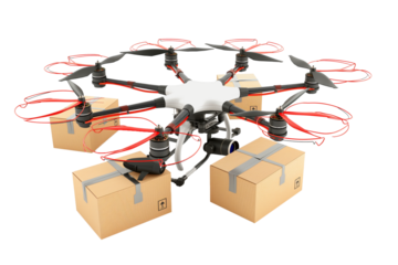 Drone with delivery box isolated on transparent background