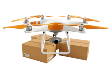 Drone with delivery box isolated on transparent background