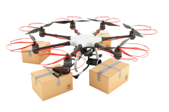 Drone with delivery box isolated on transparent background