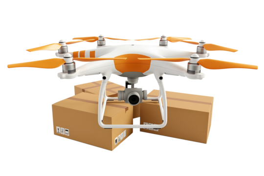 Drone with delivery box isolated on transparent background