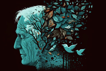 Elderly man art with tree and birds. End of life concept.