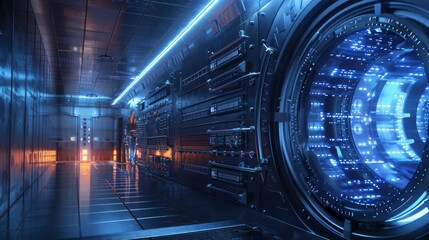 A corridor in a high-tech data center displaying a holographic interface amidst glowing blue light.