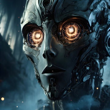 AI generated illustration of a futuristic humanoid robot with alien features