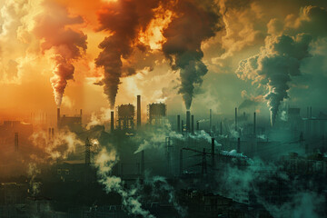 Obraz premium A vivid depiction of air pollution, with CO2 smoke billowing out of industrial chimneys Environmental degradation and the urgent need for sustainable practices 