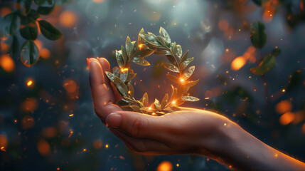 laurel wreath in hand