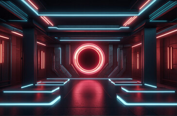 the depths of innovation with this empty dark room illuminated by a captivating red neon glow. sci-fi and futuristic