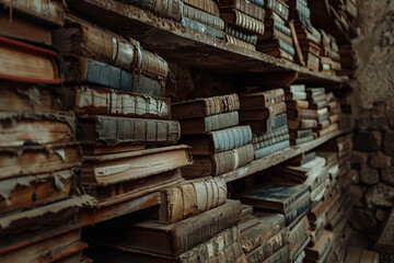 A wall full of Old ancient books of a library, holding many historical books and manuscripts Wide format Hand edited 
