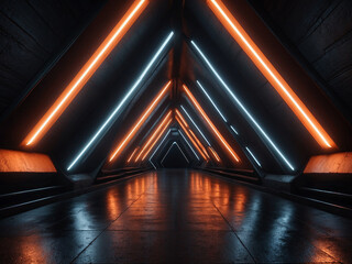 Empty dark triangle tunnel illuminated by vibrant orange neon lights. Modern and futuristic sci-fi background