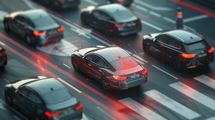 Obraz premium A self-driving car detects and analyzes surrounding traffic on a bustling city street during evening hours.