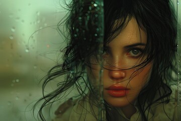 Naklejka premium Glass-Gazing Beauty: Hyperrealistic Cityscape featuring a Girl with Flowing Hair